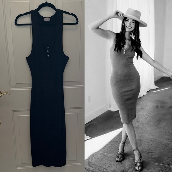 Pink Lily Dresses & Skirts - Pink Lily Noah Henley Ribbed Racerback Black Midi Dress